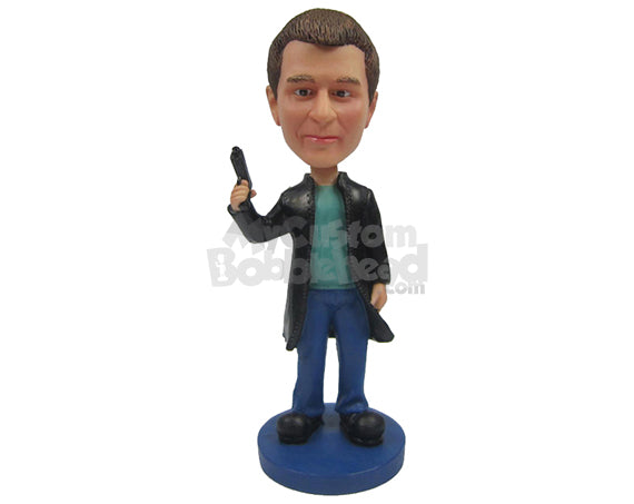 Custom Bobblehead Good Looking Handsome Man In Long Jacket With A Gun In Hand - Leisure & Casual Casual Males Personalized Bobblehead & Cake Topper Custom Bobblehead Good Looking Handsome Man In Long Jacket With A Gun In Hand - Leisure & Casual Casual Males Personalized Bobblehead & Cake Topper